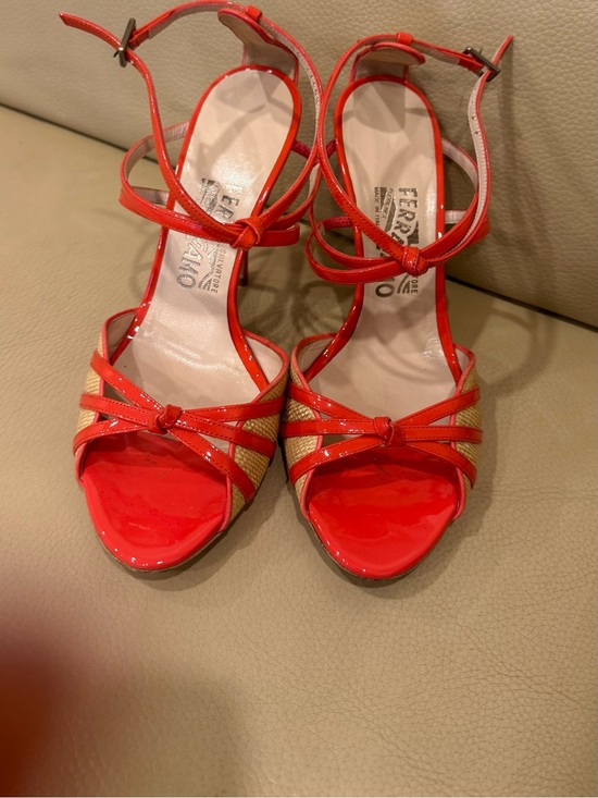 Salvatore Ferragamo Shoes - Salvatore Ferragamo Red Patent & Natural Woven Strappy Heels